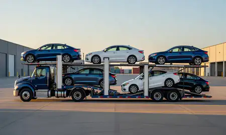 Car transporter parked in an industrial area of Cleveland, Ohio, United States