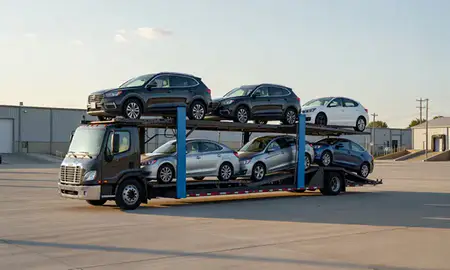 Car transporter loaded with vehicles in Cleveland, Ohio, United States