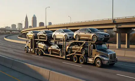 Car transporter with the Cleveland, Ohio, United States skyline behind it