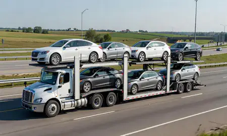 Multi-level car carrier on the highway to Columbus, Ohio, United States