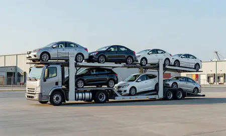 Car transporter loaded with vehicles in Columbus, Ohio, United States