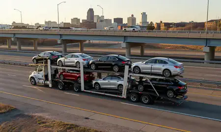 Car transporter with the Columbus, Ohio, United States skyline behind it