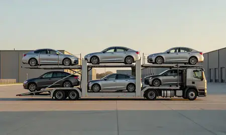 Car transporter parked in an industrial area of Cuyahoga Falls, Ohio, United States