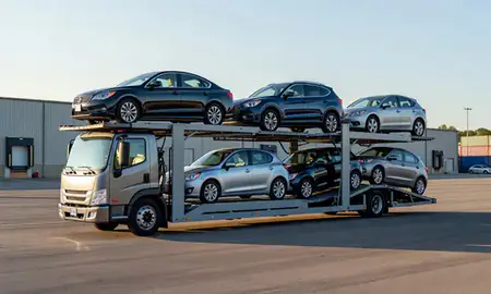 Car transporter loaded with vehicles in Cuyahoga Falls, Ohio, United States