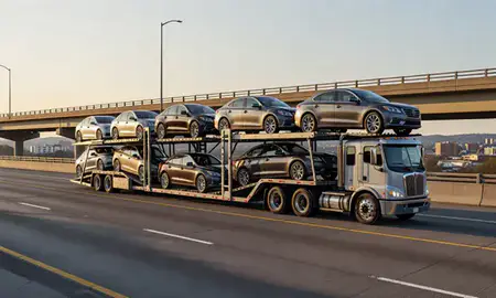 Car transporter with the Cuyahoga Falls, Ohio, United States skyline behind it
