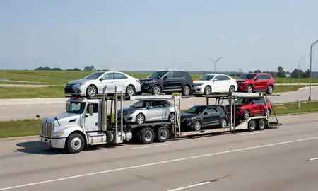 Multi-level car carrier on the highway to Dayton, Ohio, United States