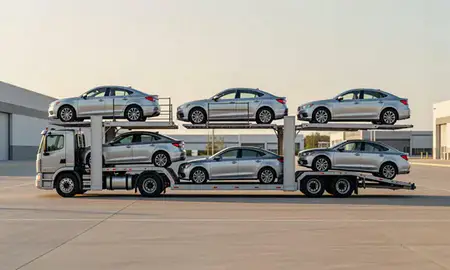 Car transporter parked in an industrial area of Dayton, Ohio, United States