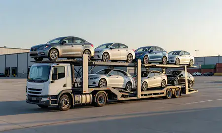 Car transporter loaded with vehicles in Dayton, Ohio, United States