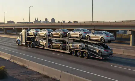 Car transporter with the Dayton, Ohio, United States skyline behind it