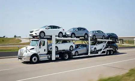 Multi-level car carrier on the highway to Delaware, Ohio, United States