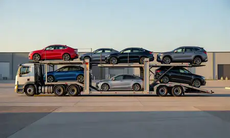 Car transporter parked in an industrial area of Delaware, Ohio, United States