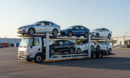 Car transporter loaded with vehicles in Delaware, Ohio, United States