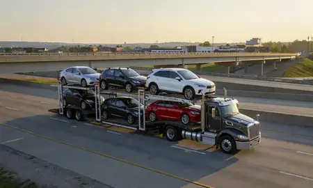 Car transporter with the Delaware, Ohio, United States skyline behind it