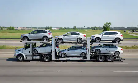 Multi-level car carrier on the highway to Dublin, Ohio, United States