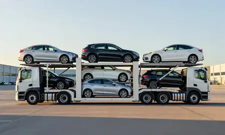 Car transporter parked in an industrial area of Dublin, Ohio, United States