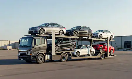 Car transporter loaded with vehicles in Dublin, Ohio, United States