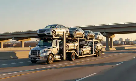 Car transporter with the Dublin, Ohio, United States skyline behind it