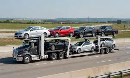 Multi-level car carrier on the highway to Elyria, Ohio, United States