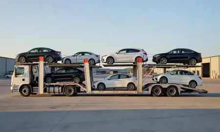 Car transporter parked in an industrial area of Elyria, Ohio, United States