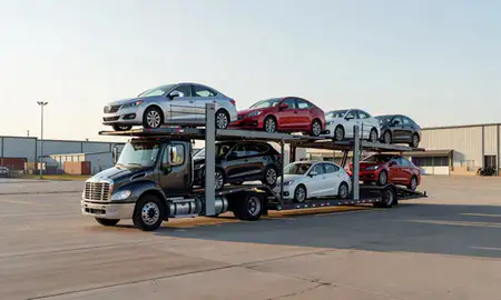 Car transporter loaded with vehicles in Elyria, Ohio, United States