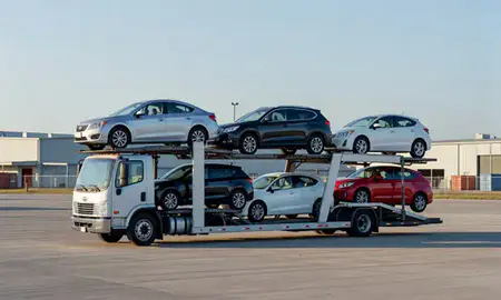 Car transporter loaded with vehicles in Euclid, Ohio, United States