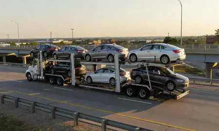 Car transporter with the Euclid, Ohio, United States skyline behind it