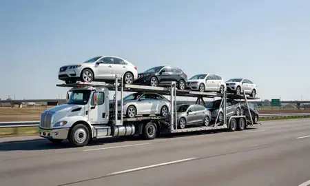 Multi-level car carrier on the highway to Fairfield, Ohio, United States