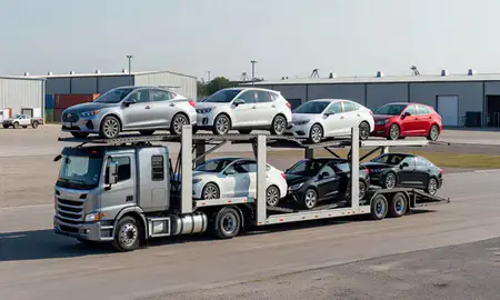 Car transporter loaded with vehicles in Fairfield, Ohio, United States