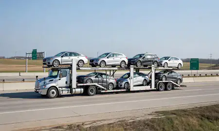 Multi-level car carrier on the highway to Grove City, Ohio, United States