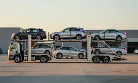 Car transporter parked in an industrial area of Grove City, Ohio, United States