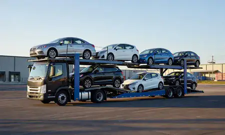 Car transporter loaded with vehicles in Grove City, Ohio, United States