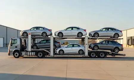 Car transporter parked in an industrial area of Hamilton, Ohio, United States