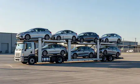 Car transporter loaded with vehicles in Hamilton, Ohio, United States