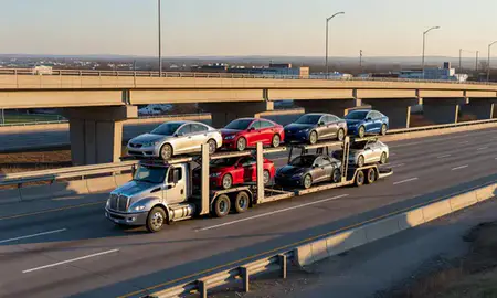 Car transporter with the Hamilton, Ohio, United States skyline behind it