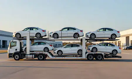 Car transporter parked in an industrial area of Huber Heights, Ohio, United States