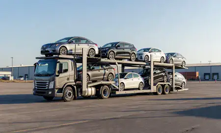 Car transporter loaded with vehicles in Huber Heights, Ohio, United States
