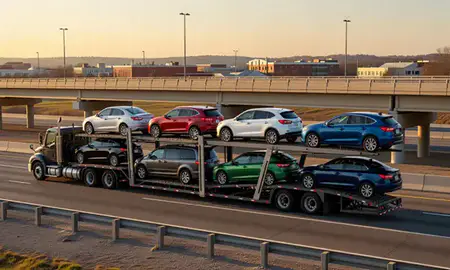 Car transporter with the Huber Heights, Ohio, United States skyline behind it