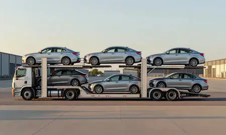 Car transporter parked in an industrial area of Kettering, Ohio, United States
