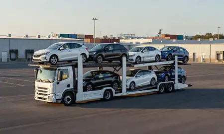 Car transporter loaded with vehicles in Kettering, Ohio, United States