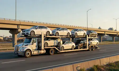 Car transporter with the Kettering, Ohio, United States skyline behind it