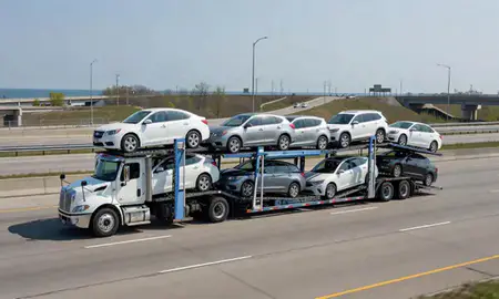 Multi-level car carrier on the highway to Lakewood, Ohio, United States
