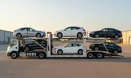 Car transporter parked in an industrial area of Lakewood, Ohio, United States