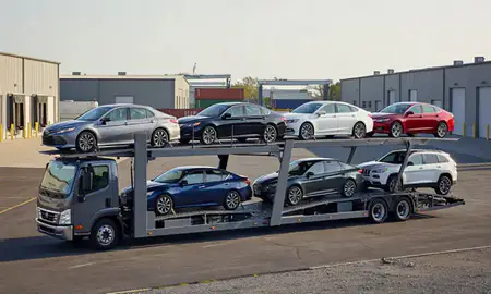 Car transporter loaded with vehicles in Lakewood, Ohio, United States