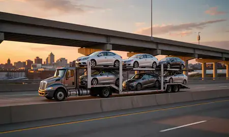 Car transporter with the Lakewood, Ohio, United States skyline behind it