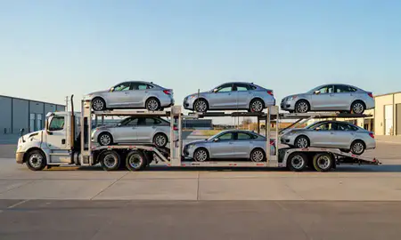 Car transporter parked in an industrial area of Lorain, Ohio, United States