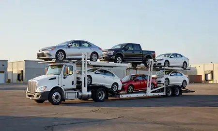 Car transporter loaded with vehicles in Lorain, Ohio, United States