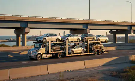 Car transporter with the Lorain, Ohio, United States skyline behind it