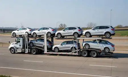 Multi-level car carrier on the highway to Mansfield, Ohio, United States