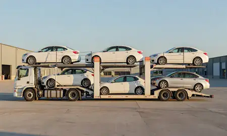 Car transporter parked in an industrial area of Mansfield, Ohio, United States