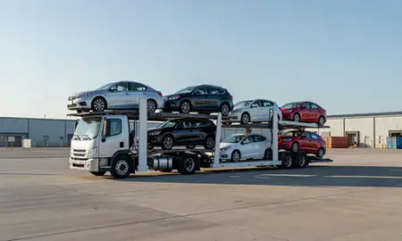 Car transporter loaded with vehicles in Mansfield, Ohio, United States